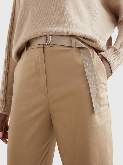 Beige Tommy Hilfiger Belted Waist Tapered Leg Chinos Women's Pants | TH982LSM