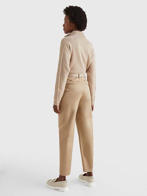 Beige Tommy Hilfiger Belted Waist Tapered Leg Chinos Women's Pants | TH982LSM