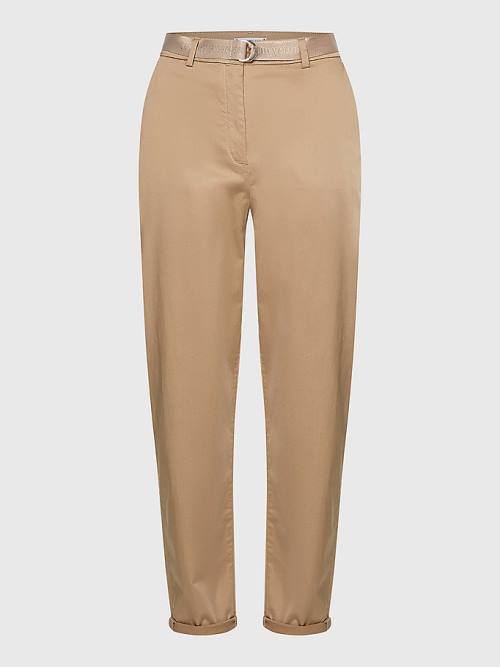 Beige Tommy Hilfiger Belted Waist Tapered Leg Chinos Women's Pants | TH982LSM