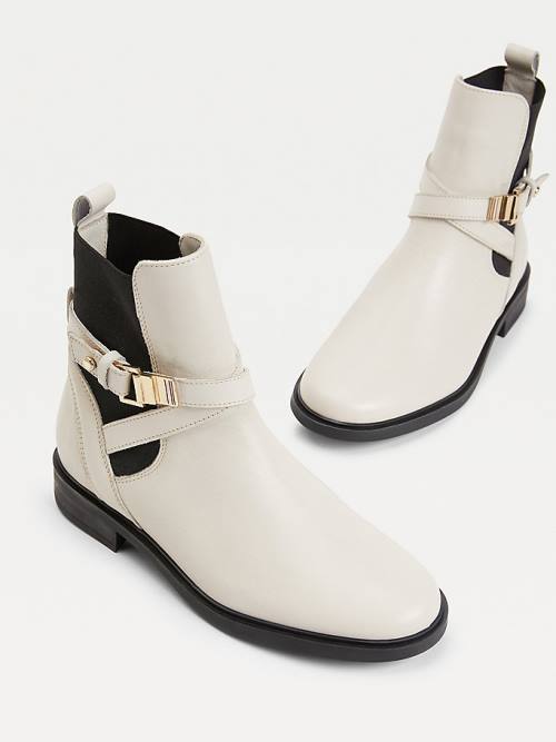 Beige Tommy Hilfiger Buckled Leather Ankle Women's Boots | TH167TOP