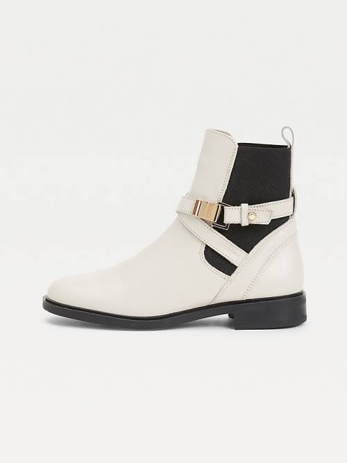 Beige Tommy Hilfiger Buckled Leather Ankle Women's Boots | TH167TOP