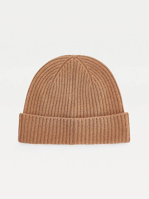 Beige Tommy Hilfiger Cashmere Crest Shield Beanie Women's Hats | TH314TBP