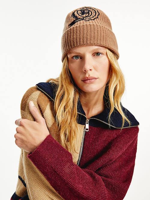 Beige Tommy Hilfiger Cashmere Crest Shield Beanie Women's Hats | TH314TBP