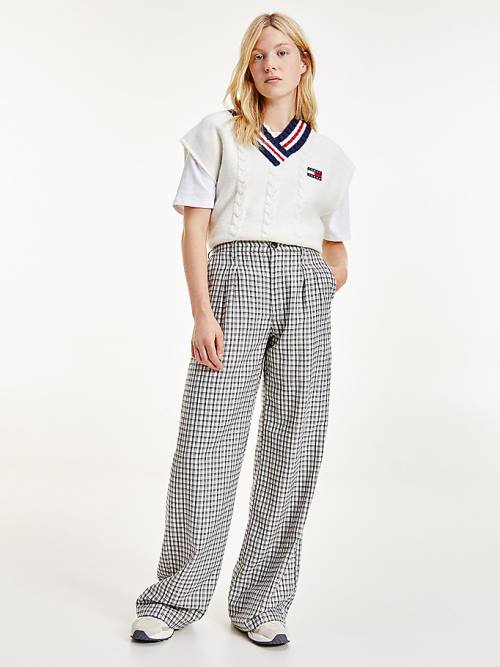 Beige Tommy Hilfiger Check Relaxed Fit Wide Leg Women\'s Pants | TH361ZBW