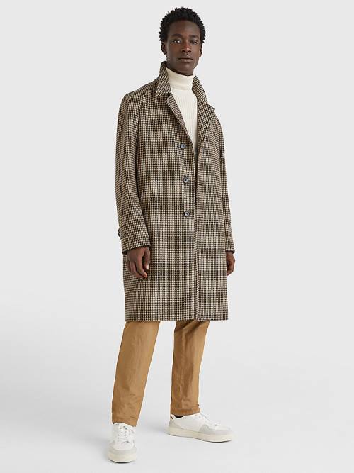 Beige Tommy Hilfiger Check Wool Blend Slim Fit Men's Coats | TH067BXT