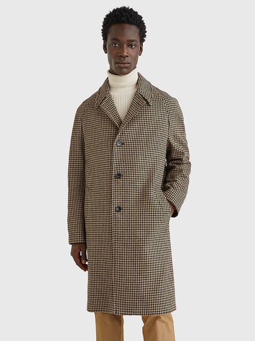 Beige Tommy Hilfiger Check Wool Blend Slim Fit Men\'s Coats | TH067BXT