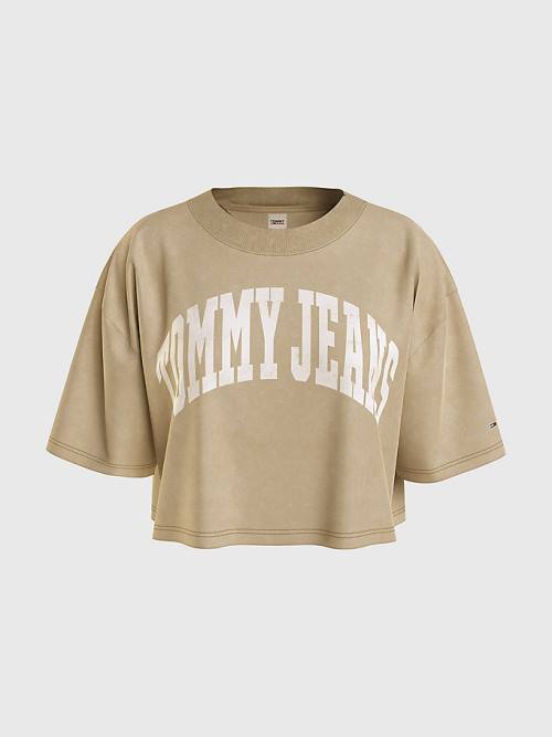 Beige Tommy Hilfiger College Oversized Cropped Women's T Shirts | TH289CEH