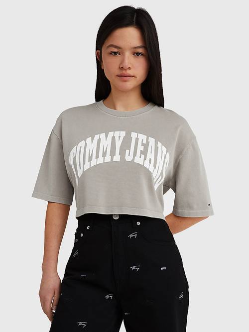 Beige Tommy Hilfiger College Oversized Cropped Women's T Shirts | TH289CEH