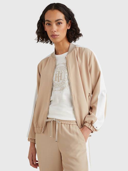 Beige Tommy Hilfiger Colour-Blocked Relaxed Fit Bomber Women\'s Jackets | TH146JLX