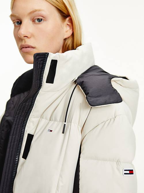 Beige Tommy Hilfiger Contrast Panel Long Down Coat Women's Jackets | TH726THI