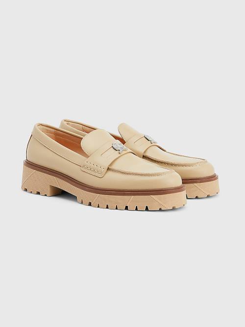 Beige Tommy Hilfiger Crest Chunky Leather Loafers Men\'s Formal Shoes | TH725SVX