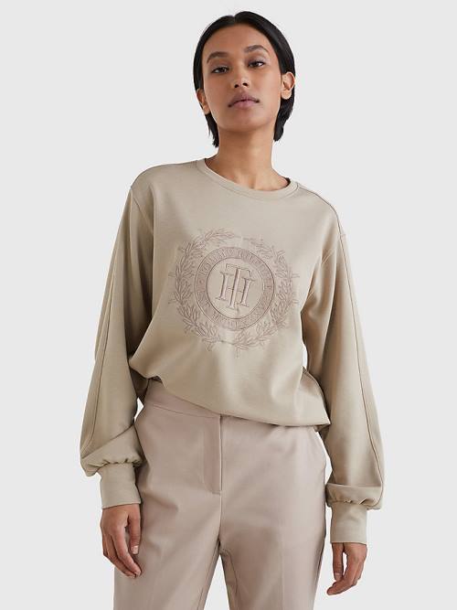 Beige Tommy Hilfiger Crest Embroidery Relaxed Fit Women\'s Sweatshirts | TH920LZD