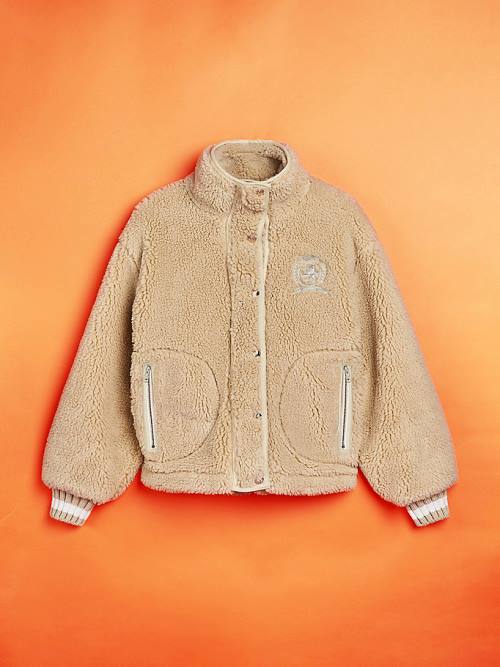 Beige Tommy Hilfiger Crest Faux Fur Varsity Women's Jackets | TH192HKQ