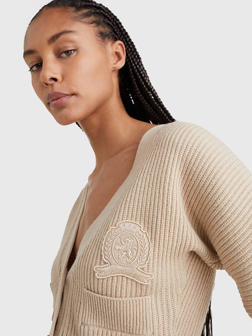 Beige Tommy Hilfiger Crest Relaxed Wool Cashmere Cardigan Women's Sweaters | TH128GEZ