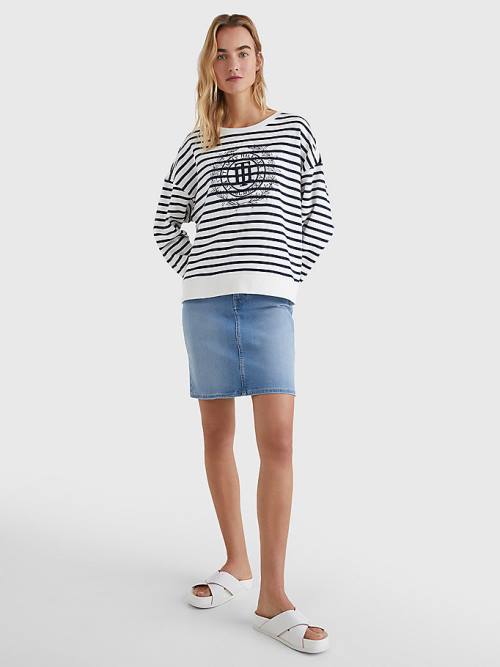 Beige Tommy Hilfiger Crest Stripe Relaxed Women's Sweatshirts | TH295MRB