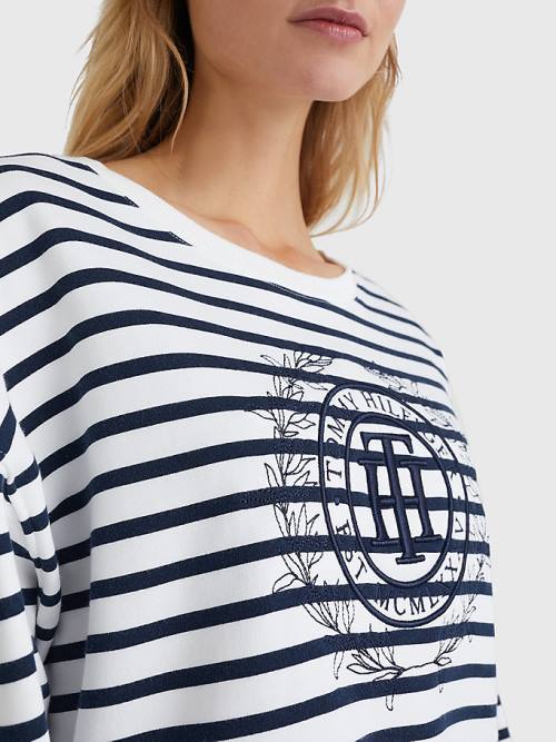 Beige Tommy Hilfiger Crest Stripe Relaxed Women's Sweatshirts | TH295MRB