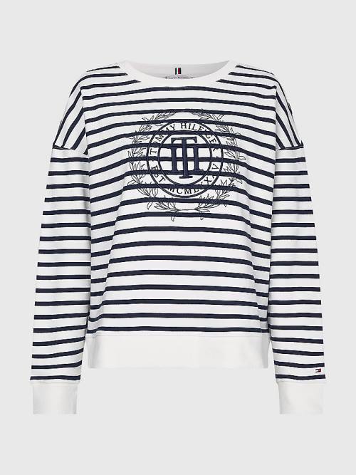 Beige Tommy Hilfiger Crest Stripe Relaxed Women's Sweatshirts | TH295MRB