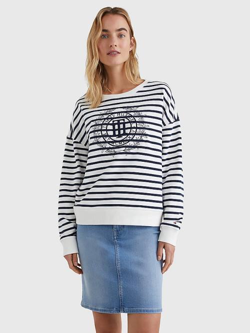 Beige Tommy Hilfiger Crest Stripe Relaxed Women\'s Sweatshirts | TH295MRB