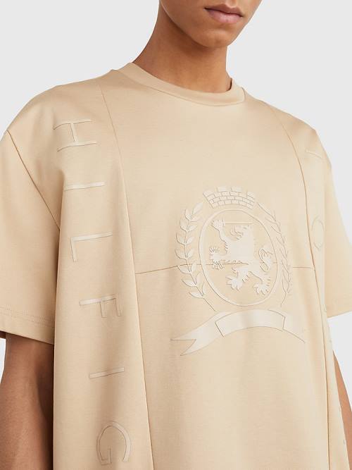 Beige Tommy Hilfiger Crest Tonal Logo Men's T Shirts | TH957ZXG