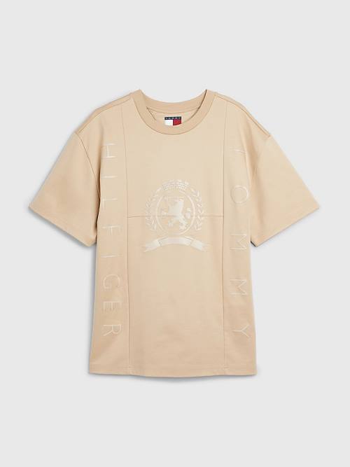 Beige Tommy Hilfiger Crest Tonal Logo Men's T Shirts | TH957ZXG