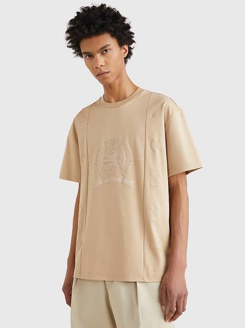 Beige Tommy Hilfiger Crest Tonal Logo Men\'s T Shirts | TH957ZXG