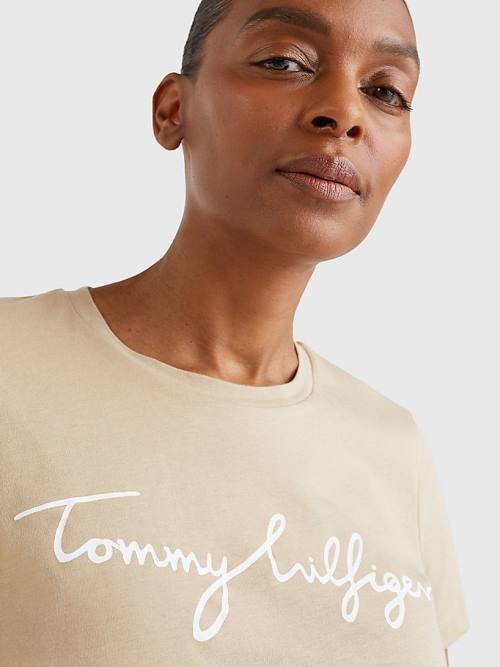 Beige Tommy Hilfiger Crew Neck Graphic Signature Logo Women's T Shirts | TH385CJS