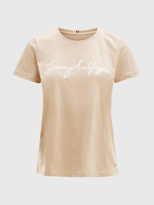 Beige Tommy Hilfiger Crew Neck Graphic Signature Logo Women's T Shirts | TH385CJS