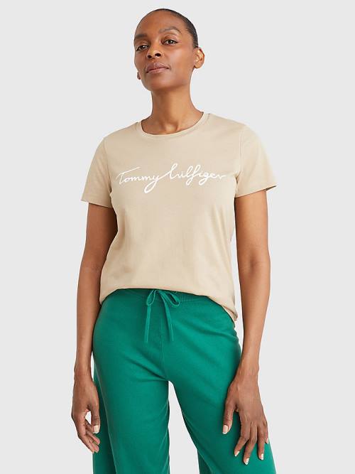 Beige Tommy Hilfiger Crew Neck Graphic Signature Logo Women\'s T Shirts | TH385CJS