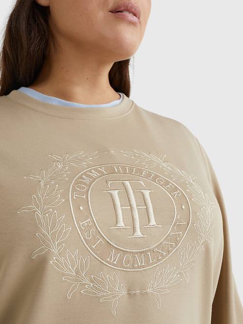 Beige Tommy Hilfiger Curve Crest Embroidery Relaxed Women's Sweatshirts | TH167HYV