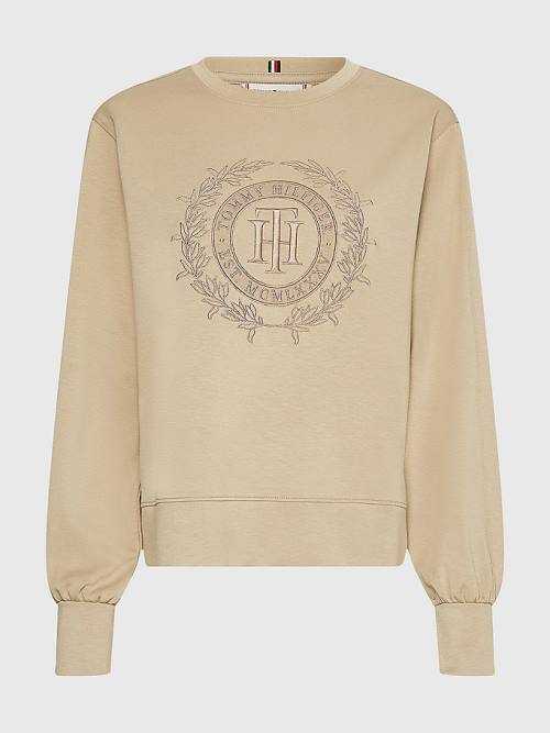 Beige Tommy Hilfiger Curve Crest Embroidery Relaxed Women's Sweatshirts | TH167HYV