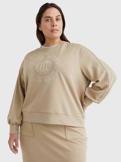 Beige Tommy Hilfiger Curve Crest Embroidery Relaxed Women\'s Sweatshirts | TH167HYV