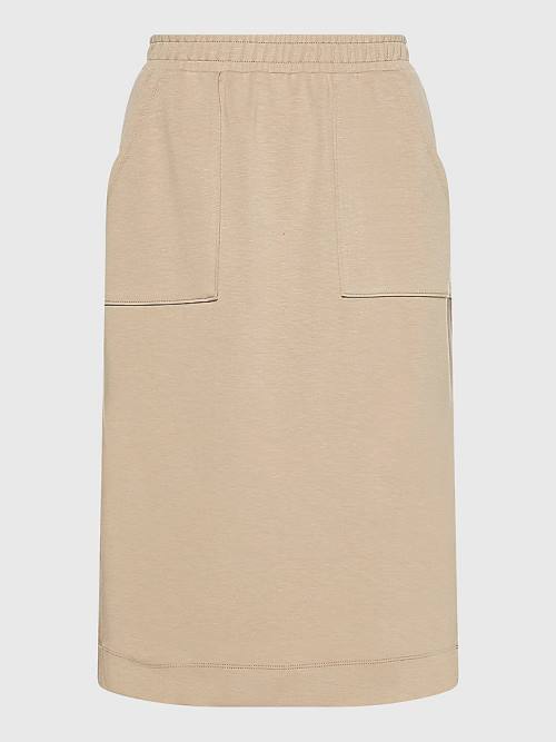 Beige Tommy Hilfiger Curve Interlock Knee Length Women's Skirts | TH782IYU