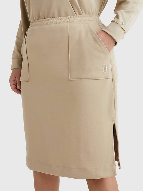 Beige Tommy Hilfiger Curve Interlock Knee Length Women\'s Skirts | TH782IYU