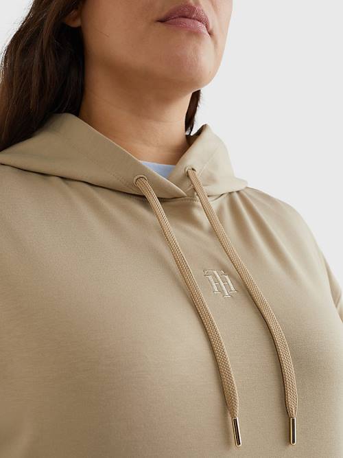 Beige Tommy Hilfiger Curve Monogram Interlock Relaxed Women's Hoodie | TH368HYW