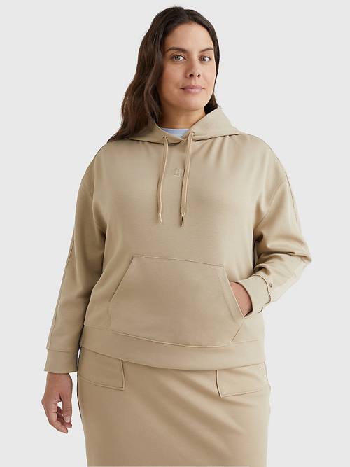 Beige Tommy Hilfiger Curve Monogram Interlock Relaxed Women\'s Hoodie | TH368HYW