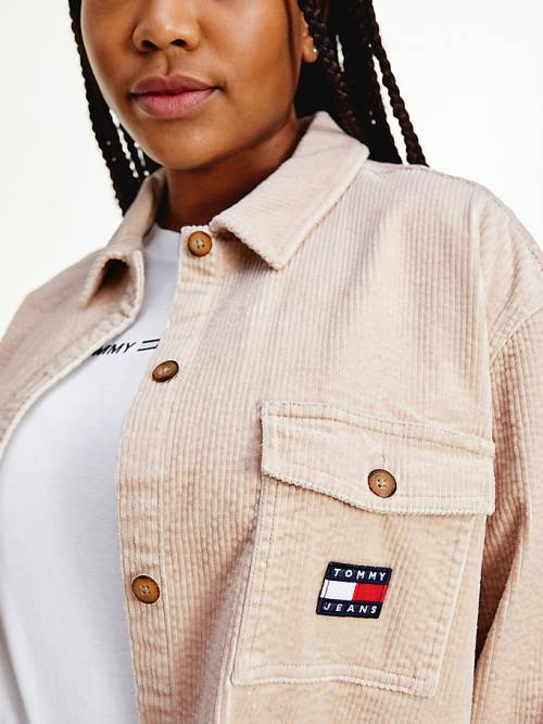 Beige Tommy Hilfiger Curve Tommy Badge Corduroy Overshirt Women's Shirts | TH614TDP