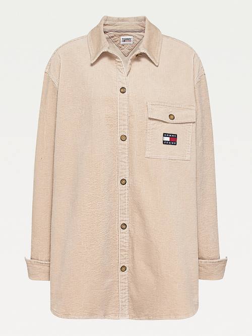 Beige Tommy Hilfiger Curve Tommy Badge Corduroy Overshirt Women's Shirts | TH614TDP