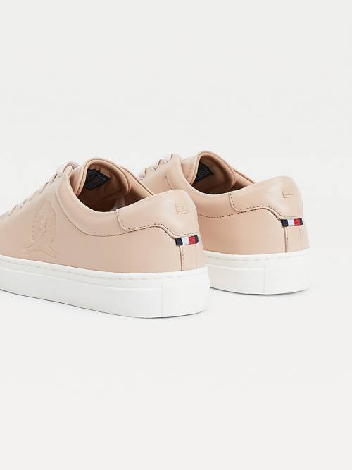 Beige Tommy Hilfiger Elevated Crest Leather Women's Sneakers | TH290IFK