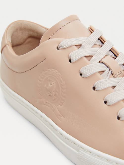 Beige Tommy Hilfiger Elevated Crest Leather Women's Sneakers | TH290IFK