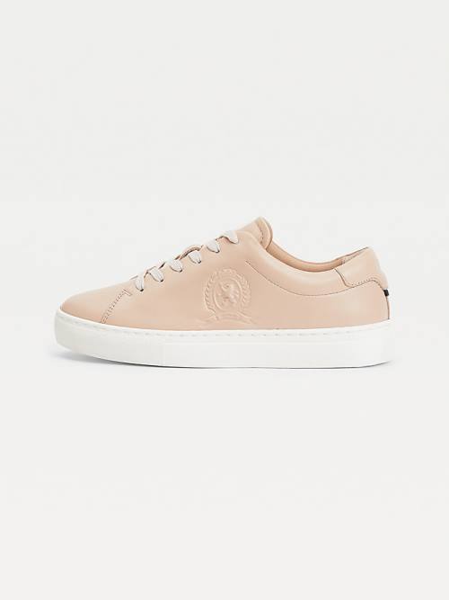 Beige Tommy Hilfiger Elevated Crest Leather Women's Sneakers | TH290IFK