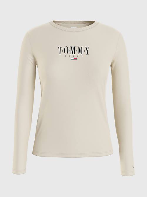 Beige Tommy Hilfiger Essential Logo Long Sleeve Women's T Shirts | TH845ZXR