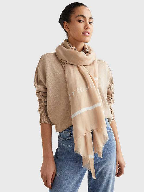 Beige Tommy Hilfiger Essential Modal Logo Women's Scarves | TH918TEK