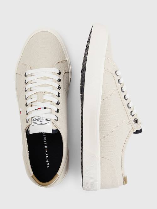 Beige Tommy Hilfiger Essential Signature Canvas Men's Sneakers | TH819PDF