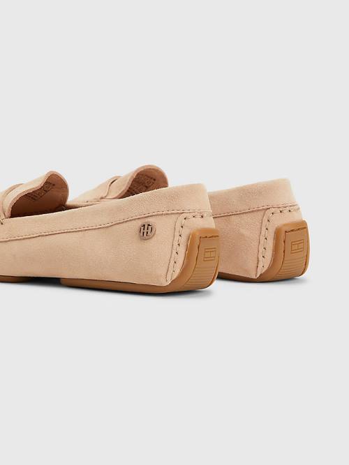 Beige Tommy Hilfiger Essential Suede Moccasins Women's Loafers | TH145EXK