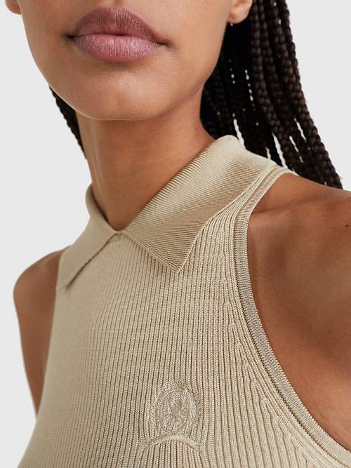 Beige Tommy Hilfiger Extra Slim Fit Sleeveless Crest Women's Polo Shirts | TH846STK