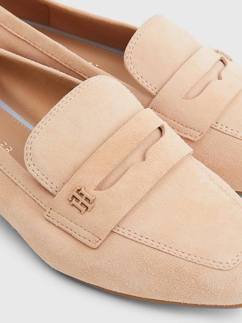 Beige Tommy Hilfiger Flat Suede Women's Loafers | TH965RTM