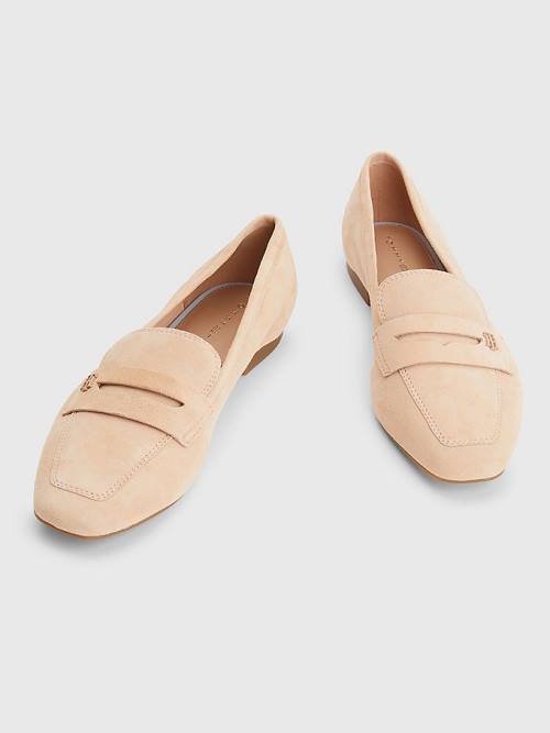 Beige Tommy Hilfiger Flat Suede Women's Loafers | TH965RTM