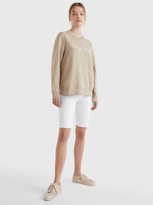 Beige Tommy Hilfiger Graphic Crew Neck Women's Sweatshirts | TH128HWN