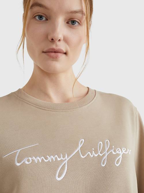 Beige Tommy Hilfiger Graphic Crew Neck Women's Sweatshirts | TH128HWN