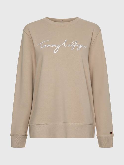 Beige Tommy Hilfiger Graphic Crew Neck Women's Sweatshirts | TH128HWN